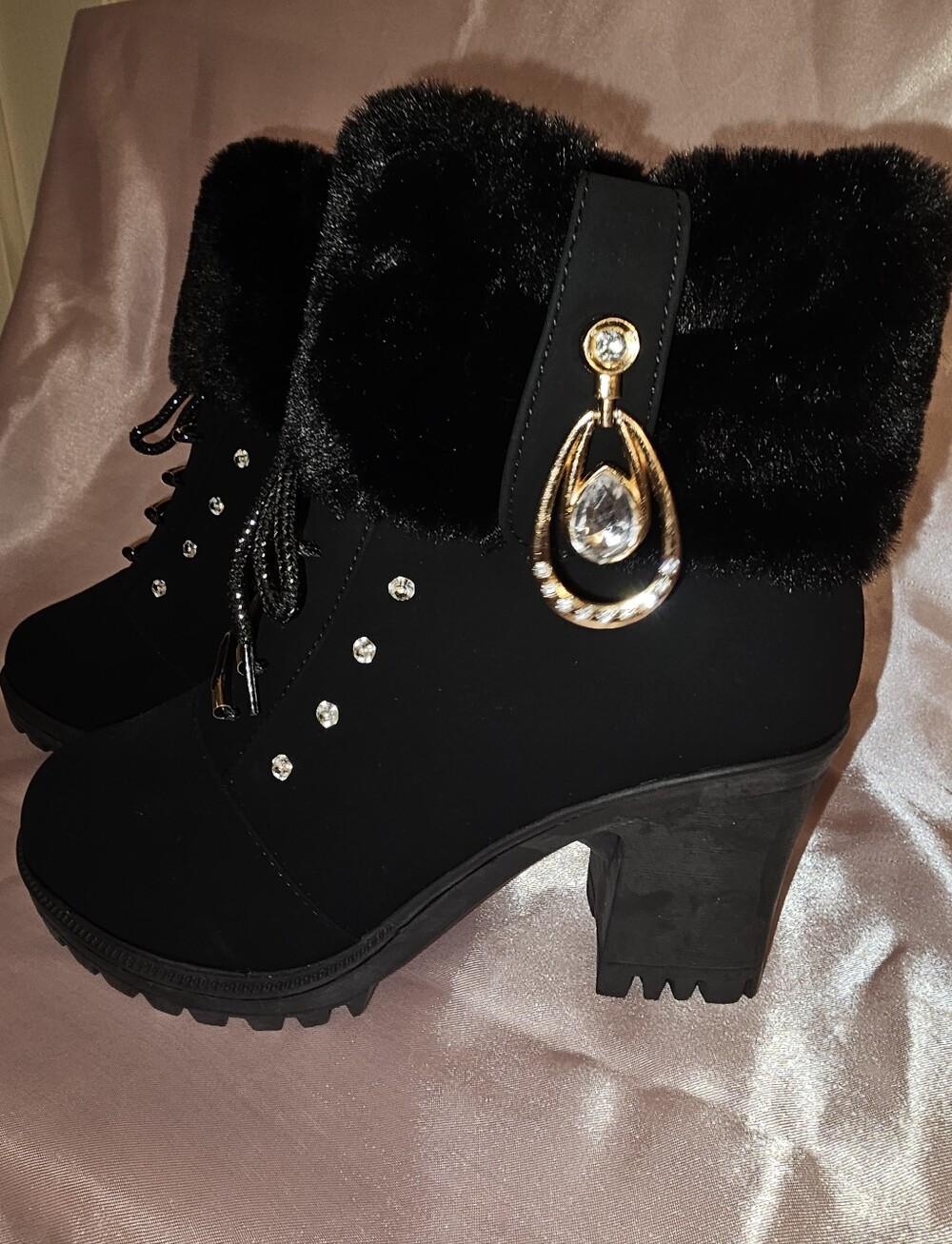 Black Faux-Fur Ankle Clog Heels with Crystal Charm